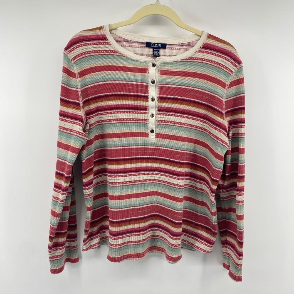 Chaps Henley Top Womens 1X Multi Color Striped Waffle Knit Thermal Long Sleeve